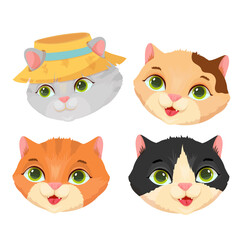 Set of cute cat faces. Different breeds of animals. Pet. Kitten. Vector illustration.