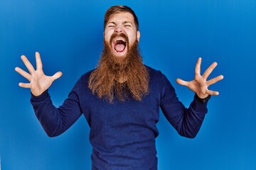 Redhead man with long beard wearing casual blue sweater over blue background celebrating crazy and amazed for success with arms raised and open eyes screaming excited. winner concept