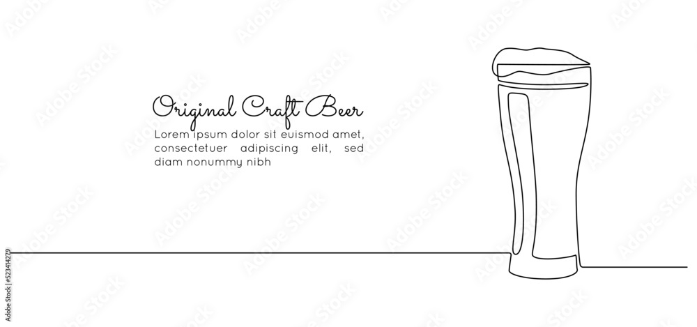 Aufkleber beer glass with foam in continuous one line drawing. craft bavarian alcohol drink in simple linear s