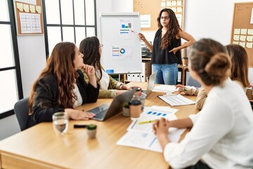 Group of young businesswomen listening boss conference during meeting at the office.