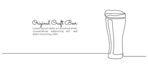 Beer glass with foam in continuous one line drawing. Craft bavarian alcohol drink in simple linear style for bar and pub concept for menu. Oktoberfest equipment. Doodle Vector illustration