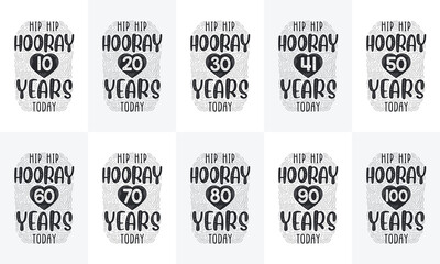 Fototapeta premium Happy Birthday design set. Best Birthday Typography quote design bundle. Hip Hip Hooray 10, 18, 20, 30, 40, 50, 60, 70, 80, 90, 100 years today
