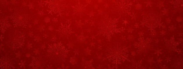 Background of complex big and small Christmas snowflakes in red colors. Winter illustration with falling snow