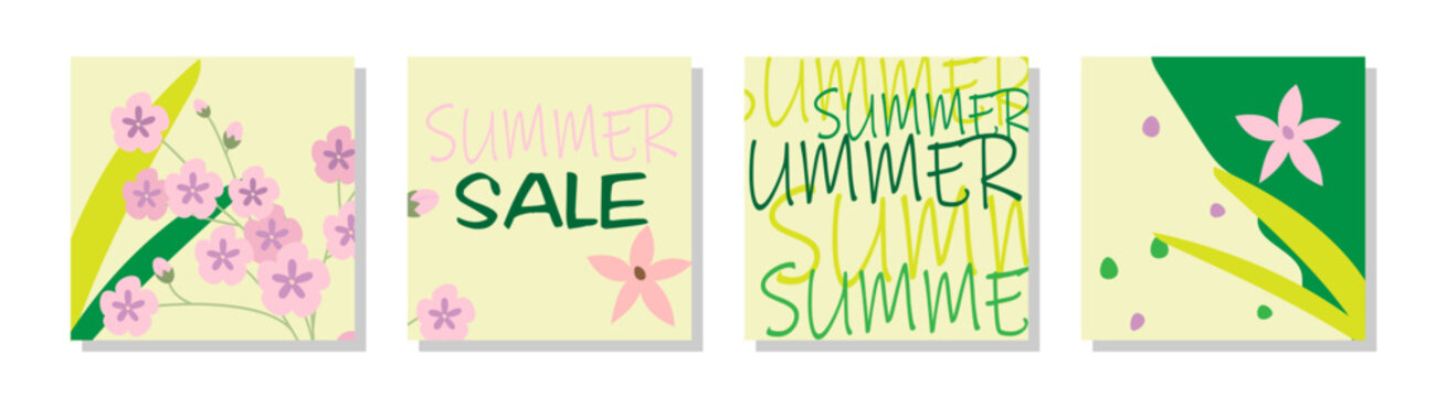 Themed images of summer promotions. Discounts, sales and low prices -50% Vector set of designer illustrations. Inscriptions and drawings in the style of summer, with flowers, stripes, elements, figure