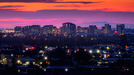 san jose night view of downtown cityscape with colorful sunset - obrazy, fototapety, plakaty
