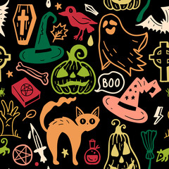 Bright seamless pattern of horror Halloween hand drawn doodle elements. Halloween background of magic elements. Pumpkins, ghost, skull, black cat, pot, hat.