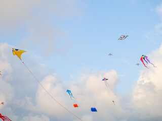 Fototapeta na wymiar A kite in the sky. Upwards. Wind. Kite Festival. Colorful toys. People fly kites. Holiday at the resort