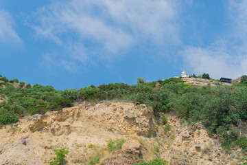 Shore summer sea Skala sky church sevastopol crimea cemetery cross, concept landmark pyramid in fraternal and avdeev place, tower faith. Landscape cityscape interesting,