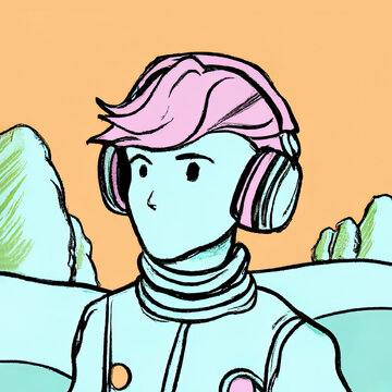 line art painted with pastel palete colors of a cute astrounaut wearing headphones.