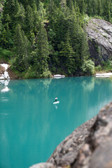 Paddleboarding on a calm glacial lake