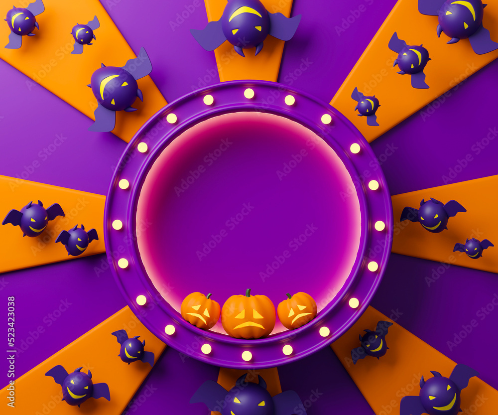 Poster 3d rendering colorful halloween day background with jack o lantern, bats and copy space for text or 