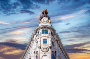 Colonial clock tower architecture in Madrid, Spain