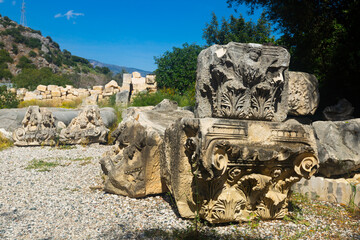 Well preserved architectural and sculptural details on ruins of ancient Lycian city of Myra in...