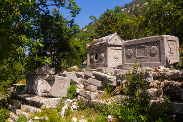 View of the ancient sarcophagi of the Northeastern Necropolis in the antiquity city of Termessos,...