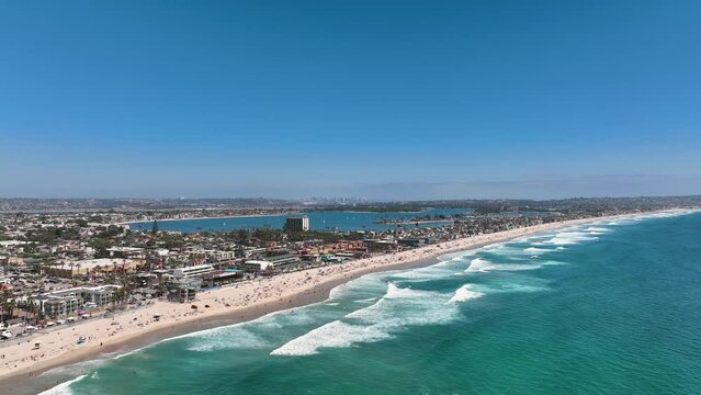 Aerial view of Mission Bay and Pacific Beach, drone, 4K
