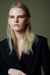 A close portrait of a beautiful lady in a suit posing on a green background