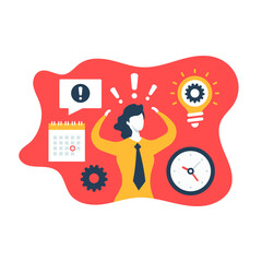 Stressed woman and project deadline. Busy office employee at work. Time is running out. Deadline concepts. Vector illustration