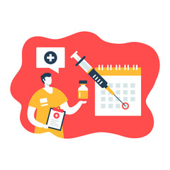 Vaccination schedule. Immunization concept. Doctor, medical clipboard, vaccine, syringe and calendar with marked vaccination date. Vector illustration