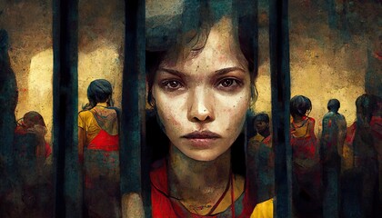 Human trafficking and kidnapping, modern slavery, woman sexually exploited, sex trafficking, human trafficking and violence against women, human slavery, forced prostitution with sexual abuse - obrazy, fototapety, plakaty