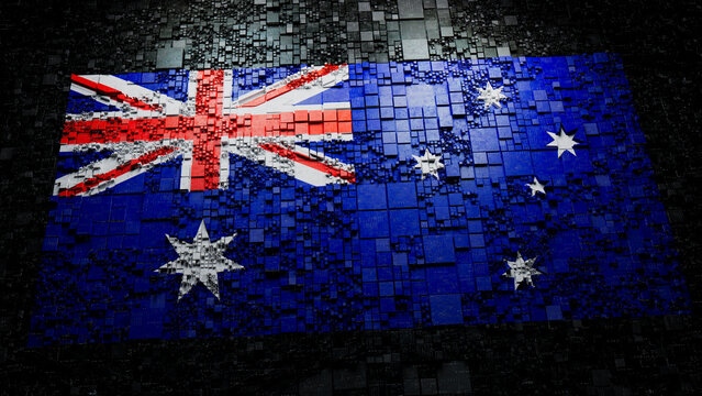 Australian Flag rendered as Futuristic 3D blocks. Australia Network Concept. Tech Wallpaper.