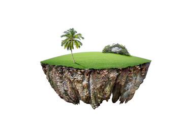 round soil ground cross section with earth land and green grass.  fantasy floating island with natural on the rock, surreal float landscape with paradise concept isolated on white background