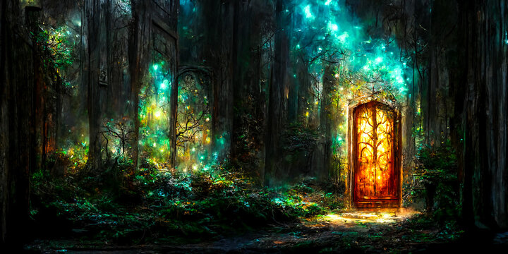 Magical portal inside fairy magical forest trees and fairytale scene with Ambience and mood