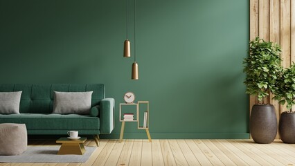 Living room with green sofa on empty green wall background.