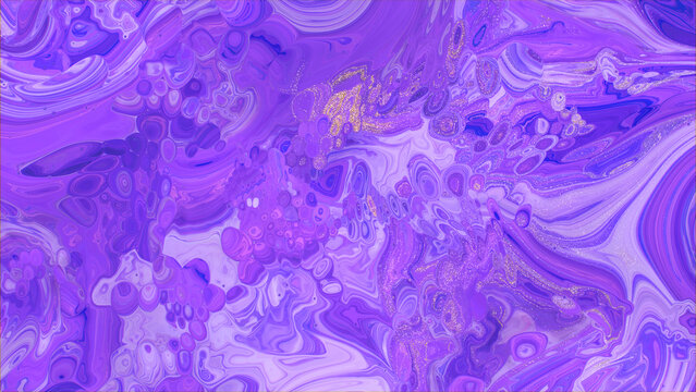 Flowing Abstract Art Background In Beautiful Violet And Purple Colors. Paint Texture With Gold Powder.