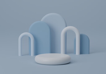 Cosmetic round podium or pedestal with on blue background, Abstract product display podium, 3d rendering studio with geometric shapes, Cosmetic product minimal scene with platform