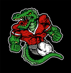 angry gator mascot wearing a football jersey for school, college or league
