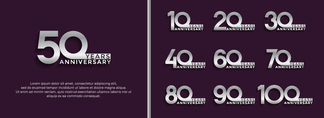 Fototapeta premium set of anniversary logotype silver color on purple background for celebration moment
