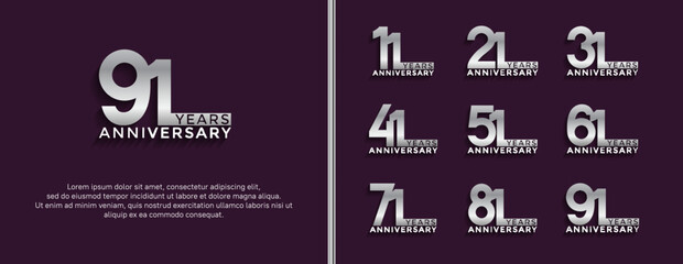 set of anniversary logotype silver color on purple background for celebration moment