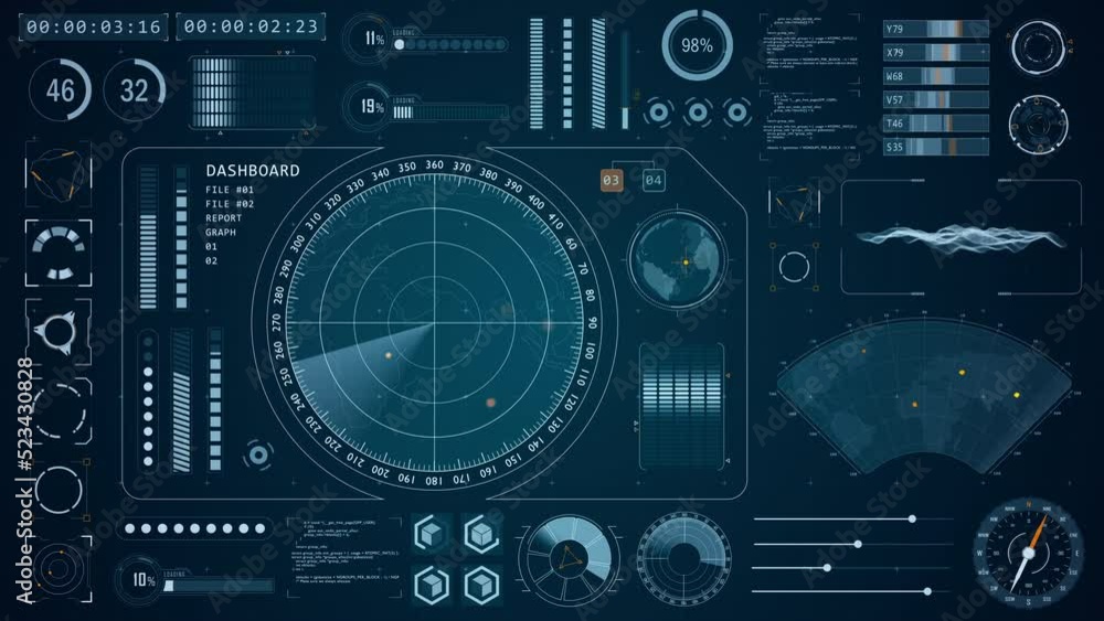 Poster motion graphic of blue color sonar radar screen searching an object with futuristic head up display 