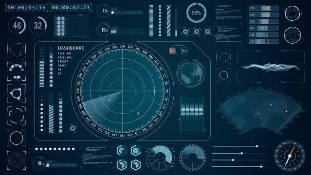 Motion graphic of Blue color sonar radar screen searching an object with futuristic head up display ( HUD UI ) technology interface screen and chat panel abstract background