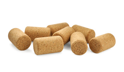 Pile of wine corks on white background. Bottle cap