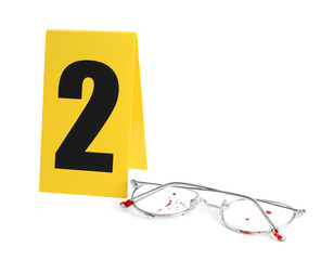 Bloody glasses and crime scene marker with number two isolated on white