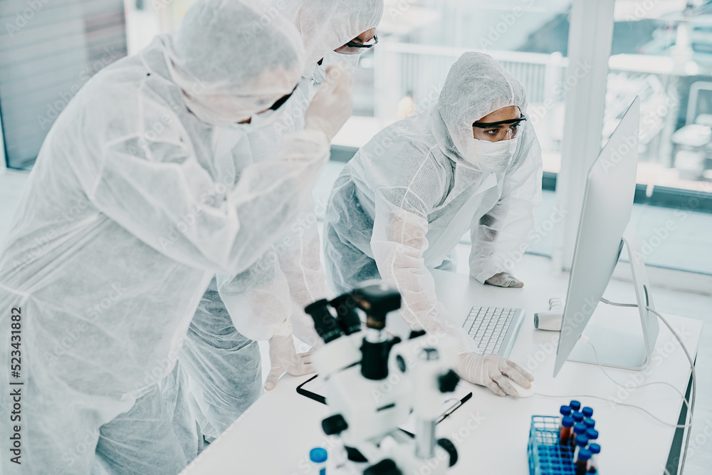 Poster Group of doctors and scientists using computer for medical research on viruses dressed in hazmat suits, for coronavirus cure. Innovation researchers conducting experiment and waiting for test results