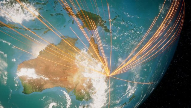 Earth in Space. Orange Lines connect Brisbane, Australia with Cities across the World. Global Travel or Networking Concept.