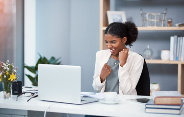 Excited creative with laptop celebrating success, cheering good news or done after meeting goal, market deadline or completing office task. Marketing agent with fist gesture showing hurray expression