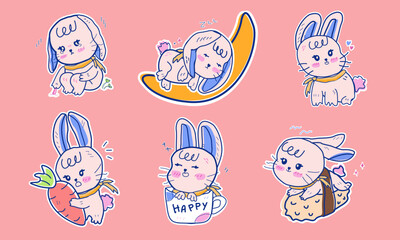 Fototapeta premium cute rabbit Set of funny bunny, Various poses of cute characters, doodle illustrations. Cartoon suitable for sublimation, shirt, postcard ,poster ,printable ,stationery ,kids and baby product,etc.