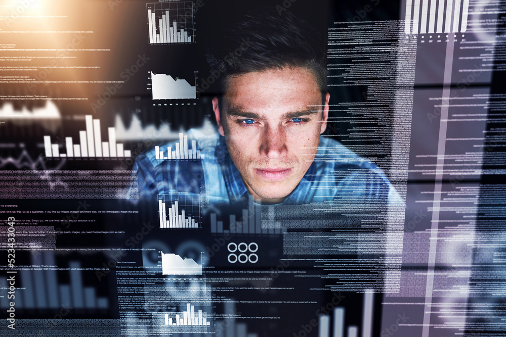 Poster serious, smart and creative web engineer or hacker busy coding at night with futuristic special effe