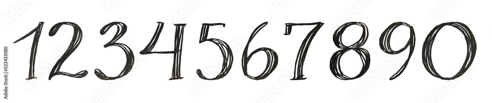 Fototapete a set of digits from zero to nine isolated on white background. hand-drawn lettering number 1 2 3 4 