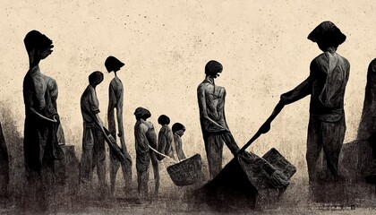 Modern slavery violation of human rights, includes human trafficking, slavery, servitude, forced labour, debt bondage and forced marriage, human exploitation for personal or commercial gain - obrazy, fototapety, plakaty