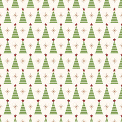 Seamless pattern with Christmas trees and stars. Green Christmas trees on white background.
