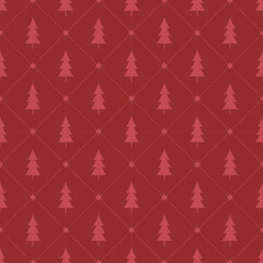 Seamless pattern with Christmas trees and stars. Red silhouette of trees on red background.