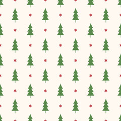 Seamless pattern with Christmas trees and stars. Green silhouette of trees and red tiny stars on white background.