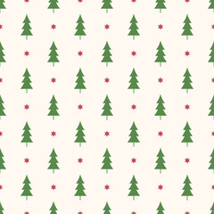 Obraz premium Seamless pattern with Christmas trees and stars. Green silhouette of trees and red tiny stars on white background.