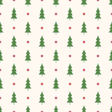 Seamless pattern with Christmas trees and stars. Green silhouette of trees and red tiny stars on white background.