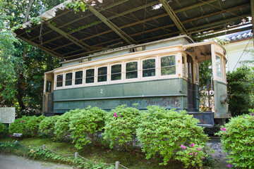 The old-time streetcar display of Shinen inside the Heian-Jingu shrine.  Kyoto Japan
