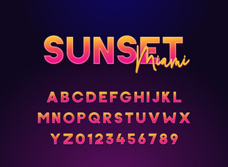 Sunset Miami lettering typography alphabet. Vector font for summer, night, clubbing events